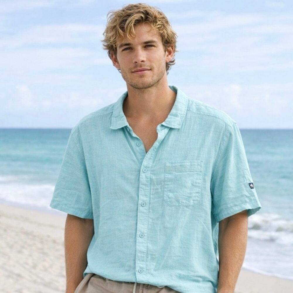 Kuhl Linen Blend Button Down Shirt Mens XL Light Blue Short Sleeve Summer Beach